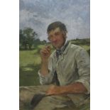 Circle of Sir George Clausen (British 1852-1944): Farm Worker Smoking a Pipe,