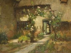 Arthur Spooner (British 1873-1962): Cottage Rose Garden with Mother and Daughter in the Doorway,