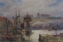 Robert Gallon (British 1845-1925): Boats in Whitby Harbour looking towards the Abbey,