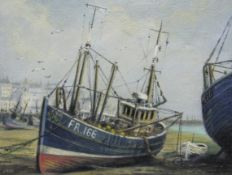 Jack Rigg (British 1927-): Fishing Boats - Low Tide Whitby Harbour,
