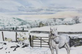 Lesley Fotherby (British 1946-): Pony and Sheep in Winter Dales Landscape,