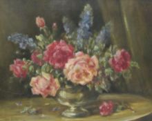 Owen Bowen (Staithes Group 1873-1967): Still life of Roses and Delphiniums,