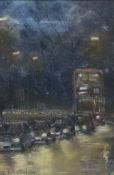 Ian Layton (British 1953-): 'Rain & Rush Hour London', oil on board signed and dated '04,