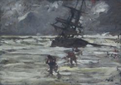 Joseph John Richard Bagshawe (Staithes Group 1870-1909): Unloading a Sailing Vessel in Stormy Seas