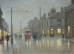 Steven Scholes (Northern British 1952-): 'Openshaw Manchester the Trolleybus to Ashton under Lyne',