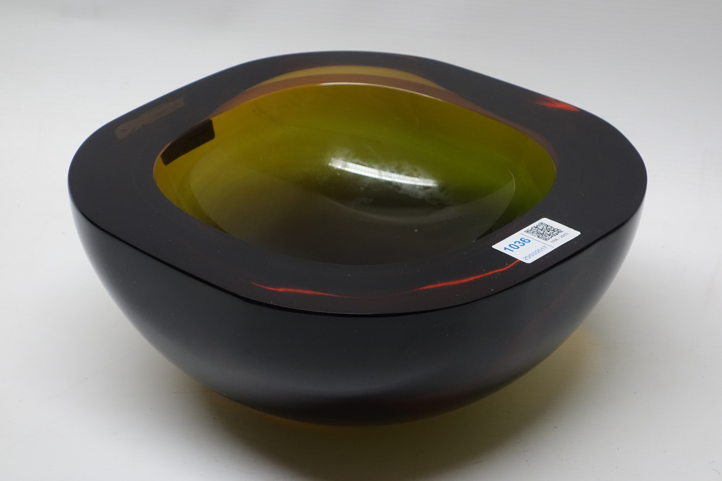 1960s shaded green and amber heavy glass bowl, rounded square shaped,