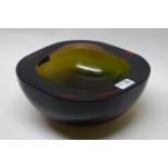 1960s shaded green and amber heavy glass bowl, rounded square shaped,