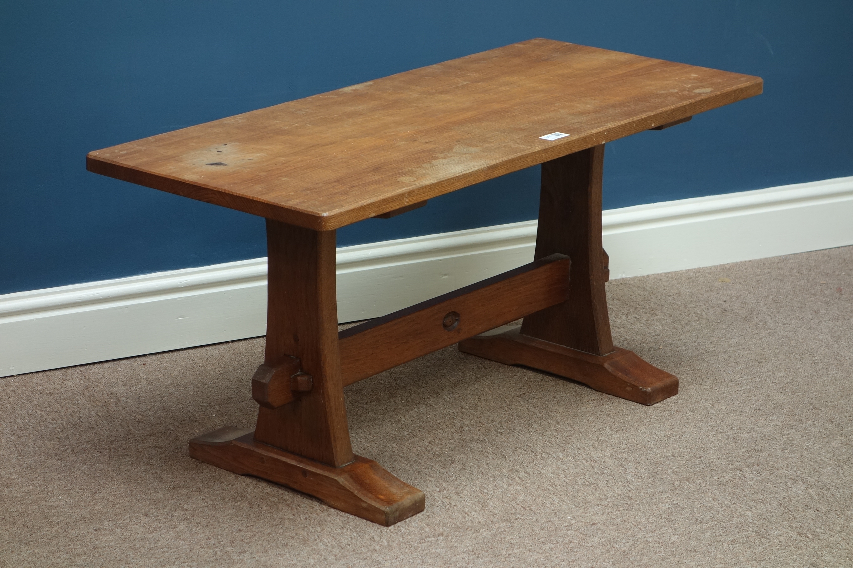 'Acornman' adzed oak rectangular coffee table, stretcher base, by Alan Granger of Brandsby,