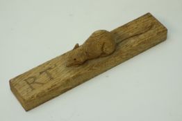 Carved oak 'Mouseman' mouse on block,