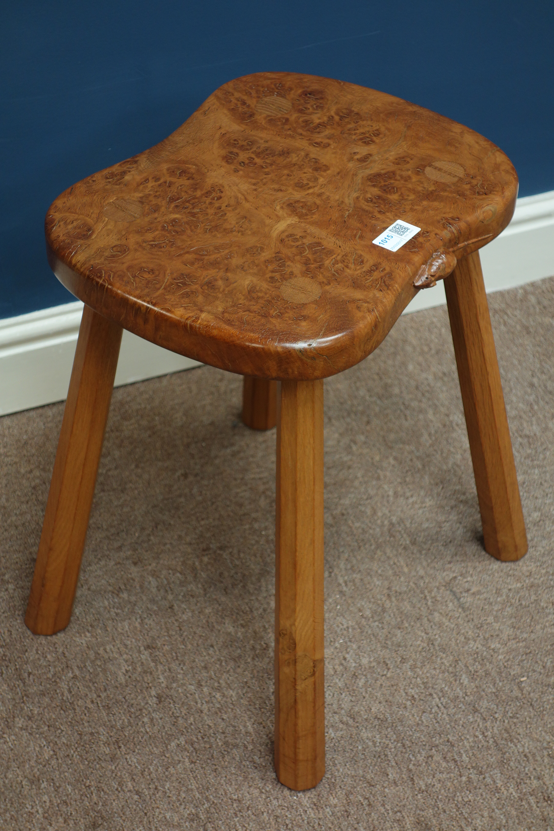 'Mouseman' oak four legged stool with shaped burr oak seat, by Robert Thompson of Kilburn,
