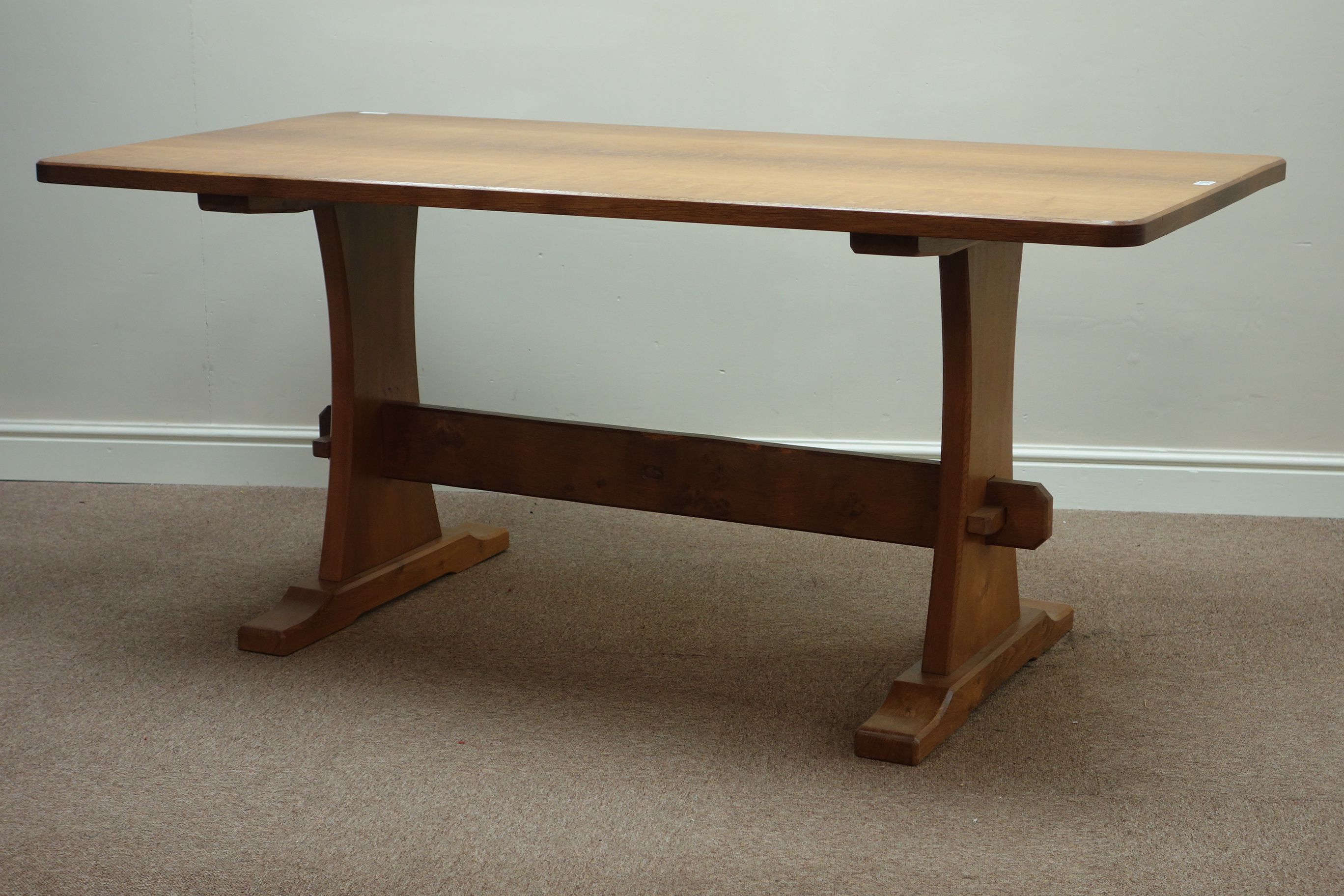 'Acornman' adzed oak rectangular refectory dining table, stretcher base, W167, D80cm,