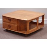 Ercol 'Windsor Pandora's Box' light finish elm square coffee table, two drawers and book storage,