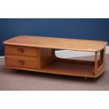 Ercol 'Windsor Minerva' light finish elm rectangular coffee table, two drawers and book storage,