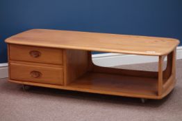 Ercol 'Windsor Minerva' light finish elm rectangular coffee table, two drawers and book storage,