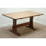 'Acornman' adzed oak rectangular refectory dining table, stretcher base,