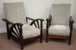 Pair Art Deco oak open armchairs, fan pierced arms,