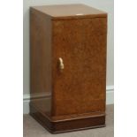 Art Deco burr walnut single door bedside cabinet with single drawer, period geometric handle, W34cm,