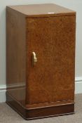 Art Deco burr walnut single door bedside cabinet with single drawer, period geometric handle, W34cm,