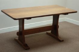 'Acornman' adzed oak rectangular refectory dining table, stretcher base,