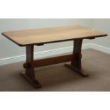 'Acornman' adzed oak rectangular refectory dining table, stretcher base,