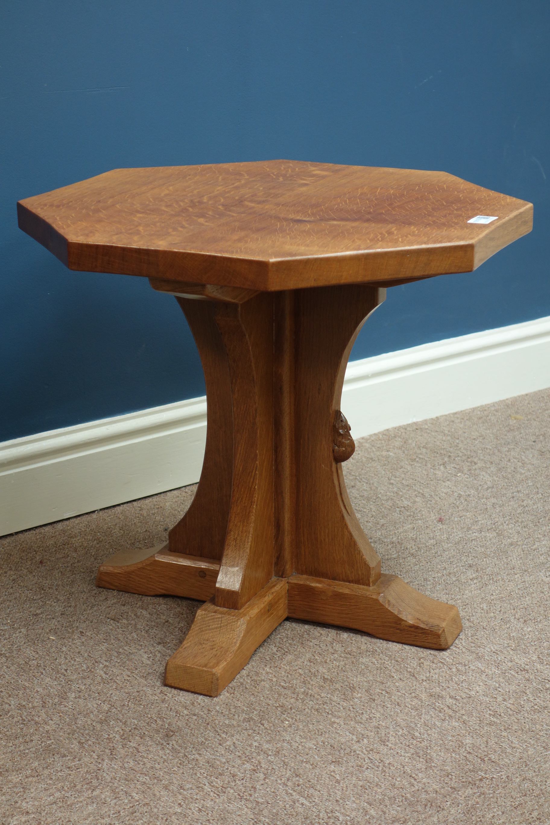 'Mouseman' octagonal adzed oak coffee table on cruciform base, by Robert Thompson of Kilburn, D55cm,
