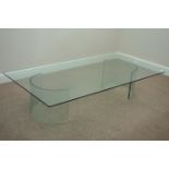 1960s rectangular glass coffee table on two curved glass pedestals, 90cm x 170cm,