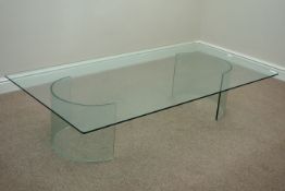 1960s rectangular glass coffee table on two curved glass pedestals, 90cm x 170cm,