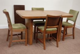 Art Deco period oak and oak banded extending dining table raised on two curved base uprights with