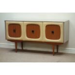 Vintage retro melamine sideboard, three padded upholstered doors, centre fall front cupboard,