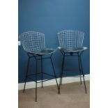 Harry Bertoia for Knoll International - pair chromed wire barstools with black vinyl seat cushions