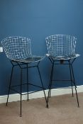 Harry Bertoia for Knoll International - pair chromed wire barstools with black vinyl seat cushions