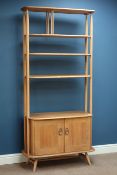 Ercol 'Windsor' light elm finish room divider fitted with two adjustable shelves and double