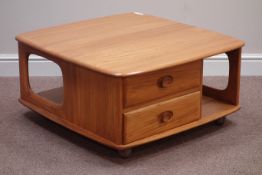 Ercol 'Windsor Pandora's Box' light finish elm square coffee table, two drawers and book storage,