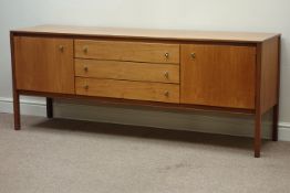 Heals of London teak sideboard, two cupboards, three drawers, with brass ring handles, W183cm,