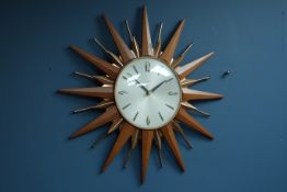 Metamec beech and copper sunburst wall clock, W46cm CLOCKS & BAROMETERS - as we are not a retailer,