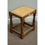 'Mouseman' oak rectangular stool, leather upholstered seat,