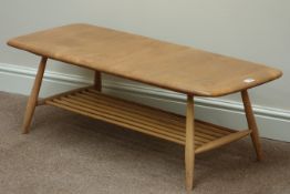 Ercol 'Windsor' light elm and beech finish rectangular coffee table with undertier, 105cm x 46cm,