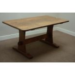 'Acornman' adzed oak rectangular refectory dining table, stretcher base,