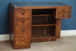 Early 20th century 'Heal's of London' oak desk with six drawers and bookcase, leather inset top,