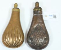 Two 19th century embossed copper powder flasks approx 18cm Condition Report <a
