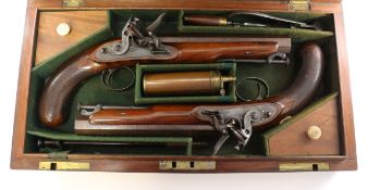 Fine cased pair of early 19th century Officer's flintlock pistols of carbine bore by Jeremiah
