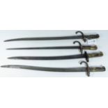 Three French 1866 pattern Chassepot Yataghan sword bayonets approx 69cm and a late 19th century