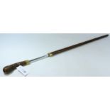 19th century British Customs Officer's 'Tuck Stick' cherry wood sword stick with brass ferules,
