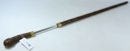 19th century British Customs Officer's 'Tuck Stick' cherry wood sword stick with brass ferules,