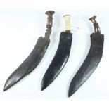 Nepalese Ghurka Kukri knife with bone hilt and and two small accompanying knives in leather