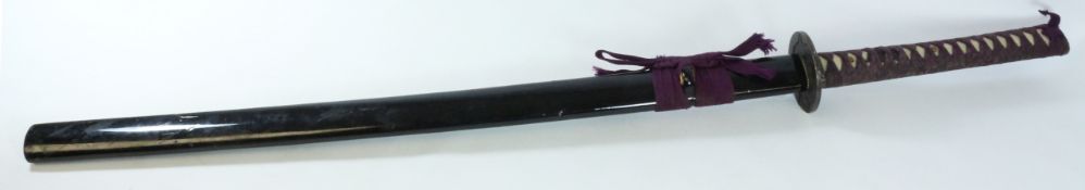 Japanese decorative katana sword with black laquered scabbard 103cm overall Condition