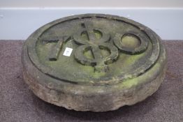 Victorian circular sandstone '1870' plaque,