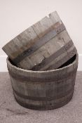 Two oak and metal bound whiskey barrel planters Condition Report <a