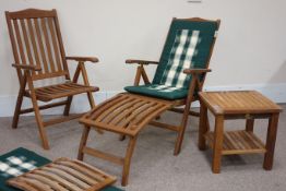 Pair teak reclining steamer armchairs with footstools and a square teak garden table