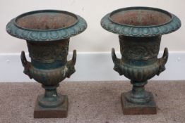 Pair Victorian ornate cast iron garden urns, with handles, moulded egg and dart rim decoration,